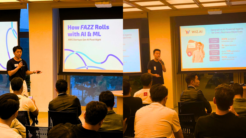 L-R: Fazz Head of Engineering David Park and WIZ.AI Solutions Architect Kev C. sharing their respective company's journeys uncovering generative AI use cases for their business and customers