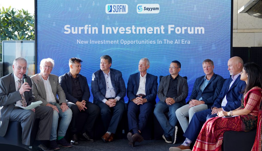 L-R: Surfin Board of Directors at the Surfin Investment Forum: 2. John A. Quelch CBE,  3. Mohamed Nasser Ismail,  4. John Fennell, 5. Michael Spence, 6. Dr Yanan Wu, 7. Bruce McGuire, 8. Felix Davidson at Surfin Investment Forum