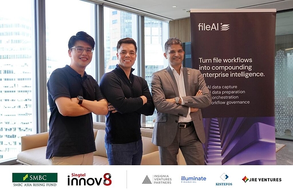 L-R: Alex Neo, Director (Investments), Singtel Innov8; Christian Schneider, CEO, fileAI; Mayoran Rajendra, Managing Director — AI Transformation Department, SMBC